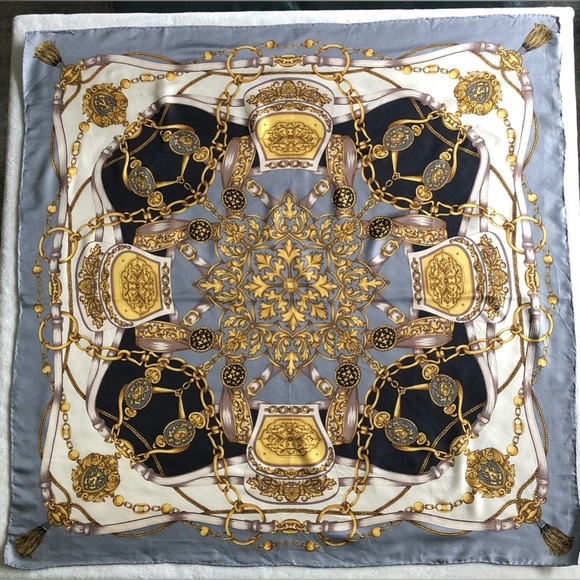 Accessories - Silk Scarf - Gold Chains Tassels Filigree Design - Gray Black Cream Gold 34”